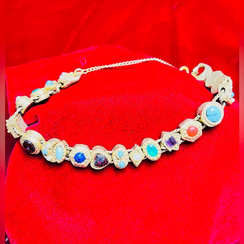 Vintage GOLDETTE gold jewel glass stones slide charm bracelet Fashion Jewelry